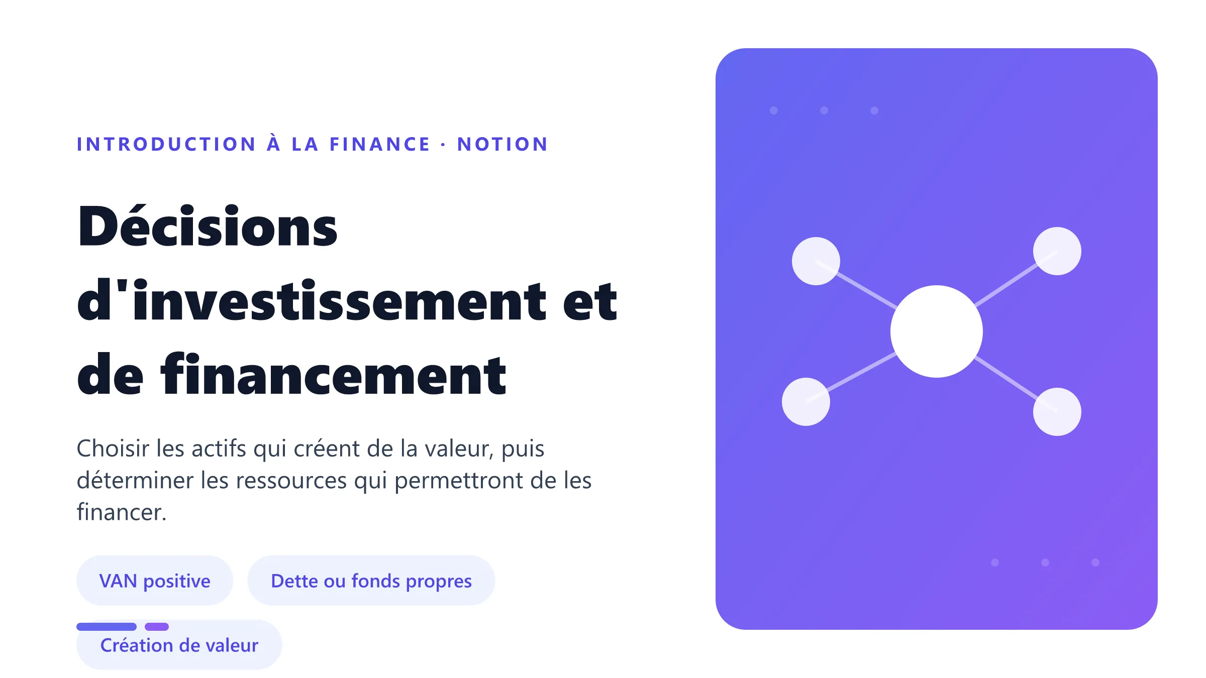Décisions financières de l'entreprise séparant sélection des investissements et choix entre dette et fonds propres.
