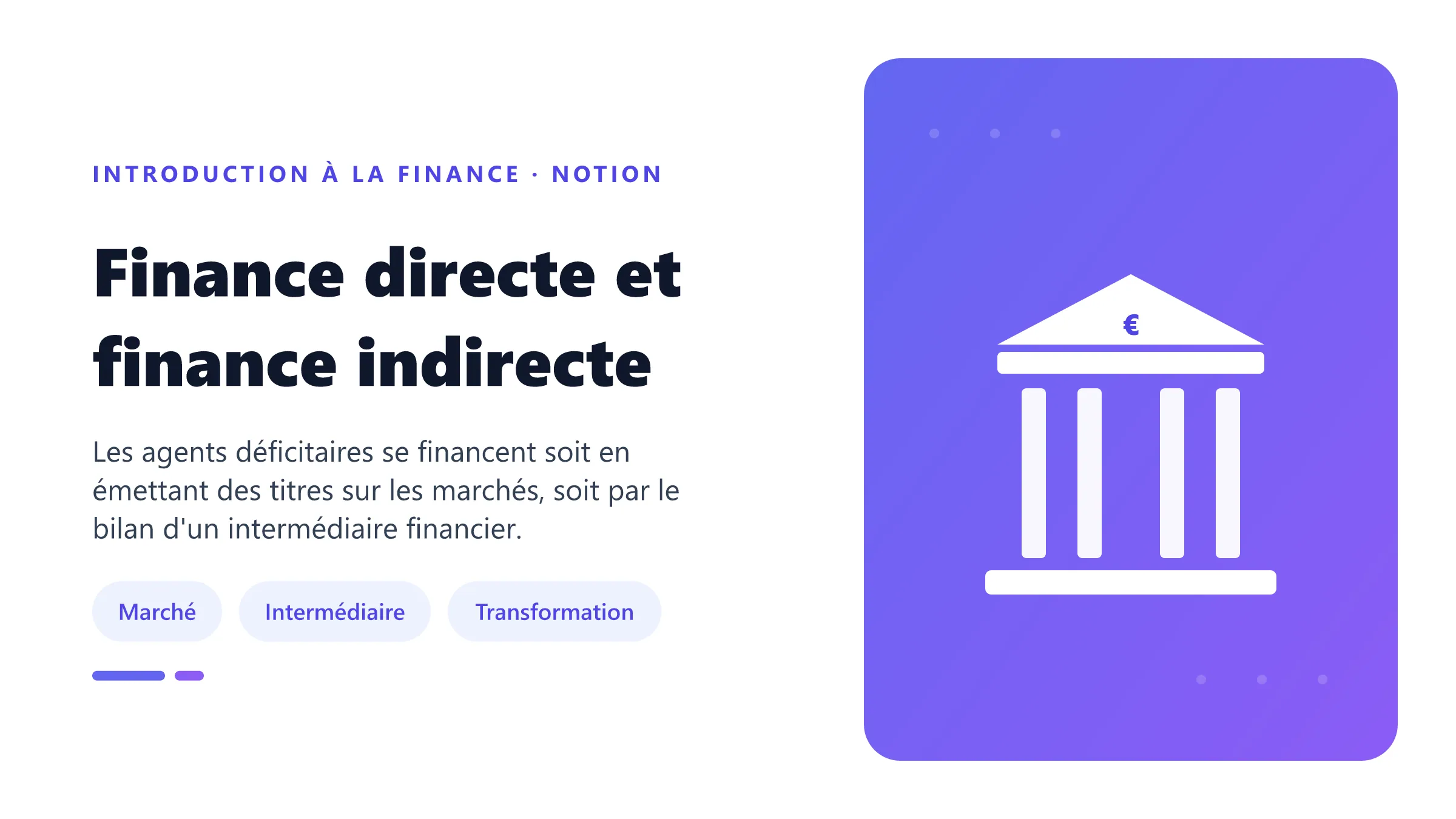Finance directe et finance indirecte Comparaison des circuits de finance directe par émission de titres et de finance indirecte par intermédiation bancaire.