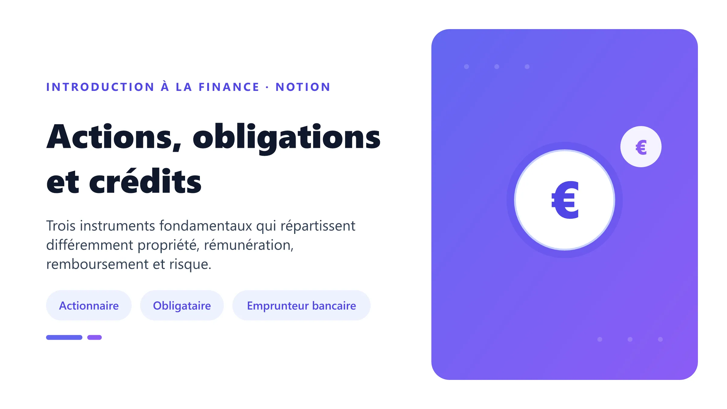 Actions, obligations et crédits Présentation des principaux instruments financiers : actions comme titres de propriété, obligations et crédits comme créances.