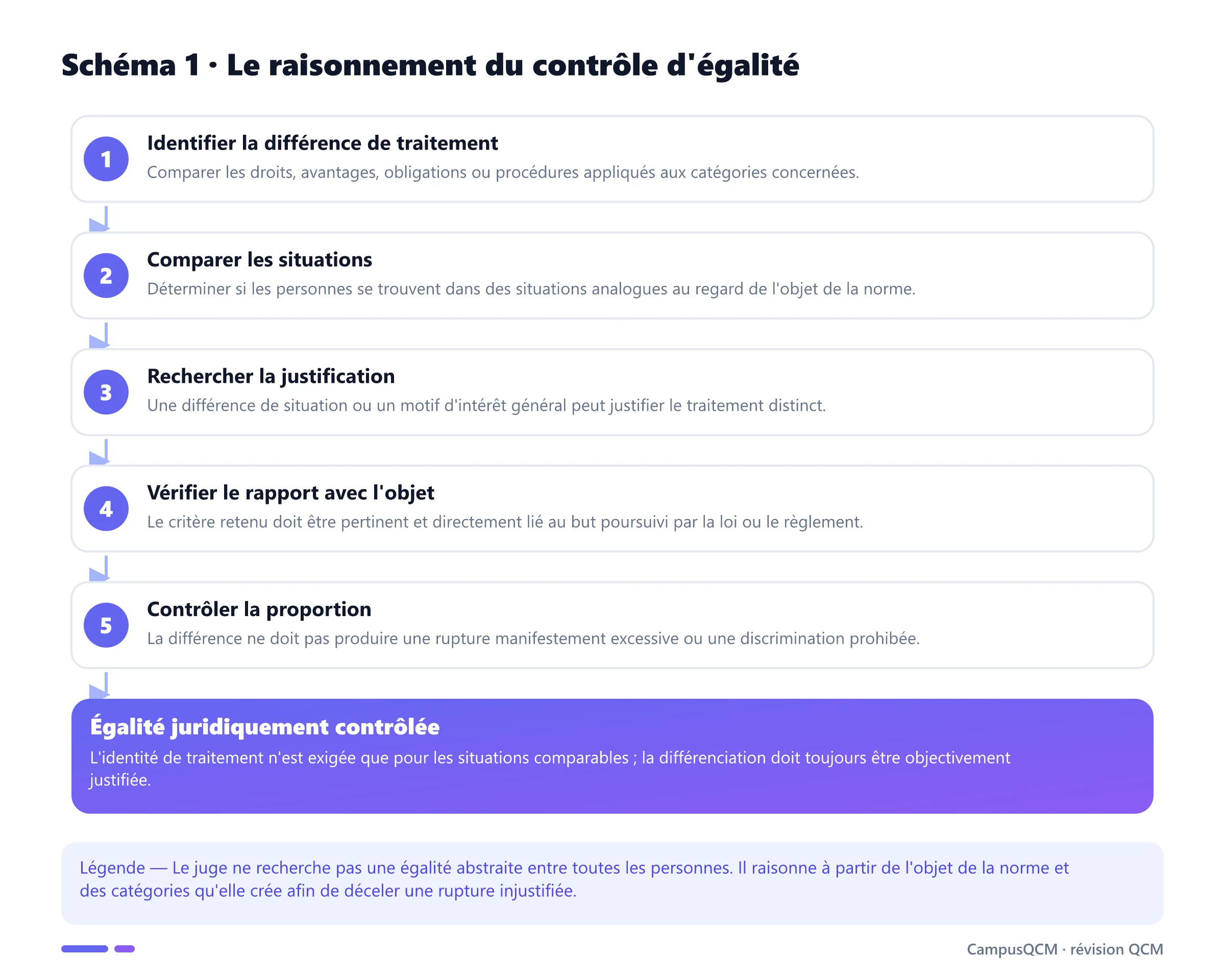 Processus du contrôle du principe d'égalité : différence de traitement, situations comparables, justification et rapport avec la loi.
