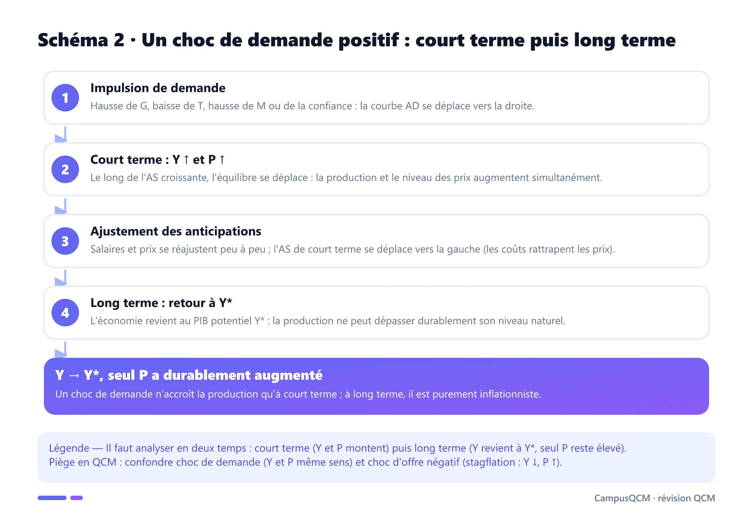 Processus d'un choc de demande positif en AD-AS : déplacement de AD, hausse de Y et P à court terme, retour à Y* à long terme.
