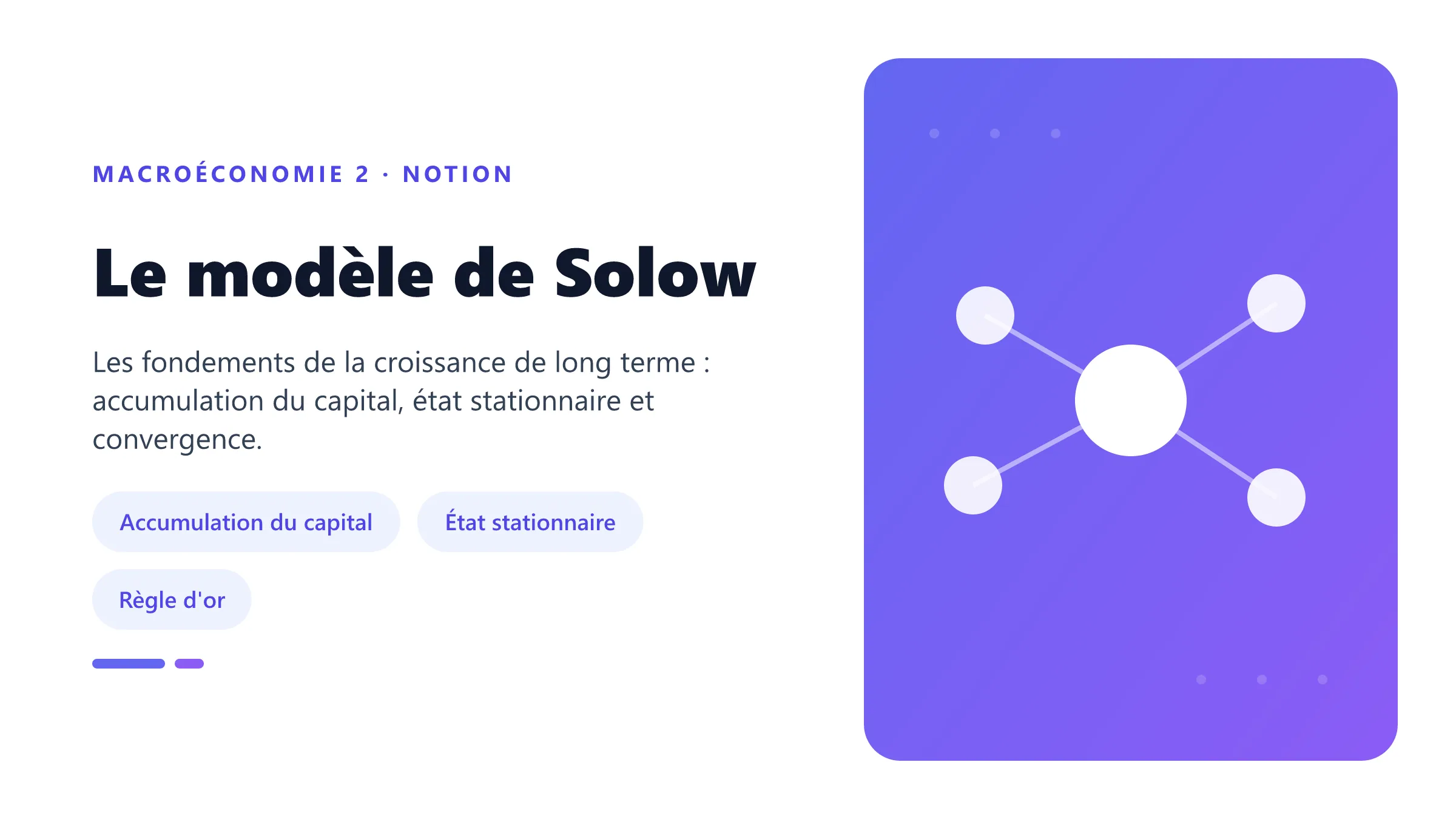 Le modèle de Solow Le modèle de Solow : accumulation du capital, état stationnaire et rendements décroissants.