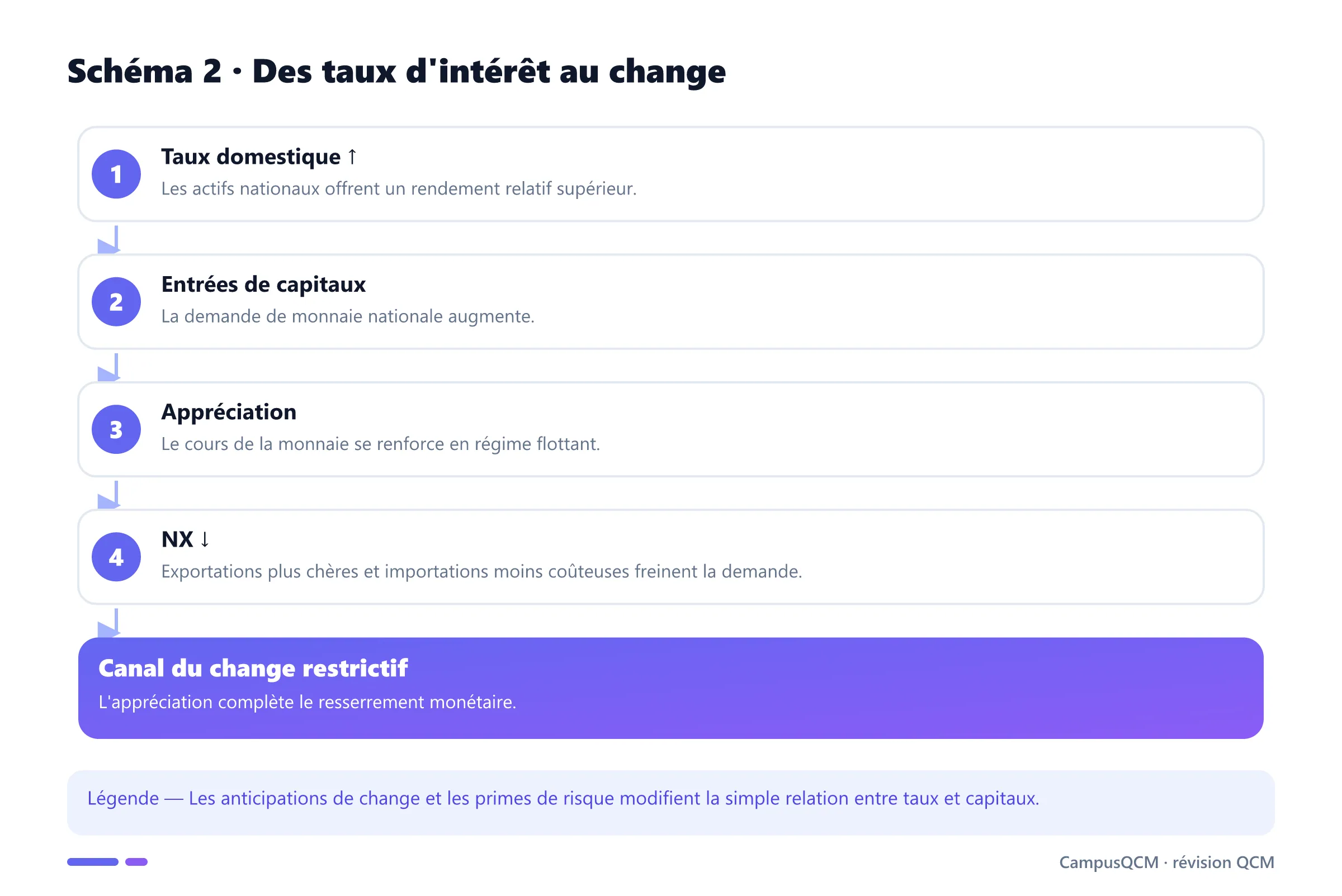 Chaîne reliant hausse du taux domestique, capitaux, appréciation et exportations nettes.