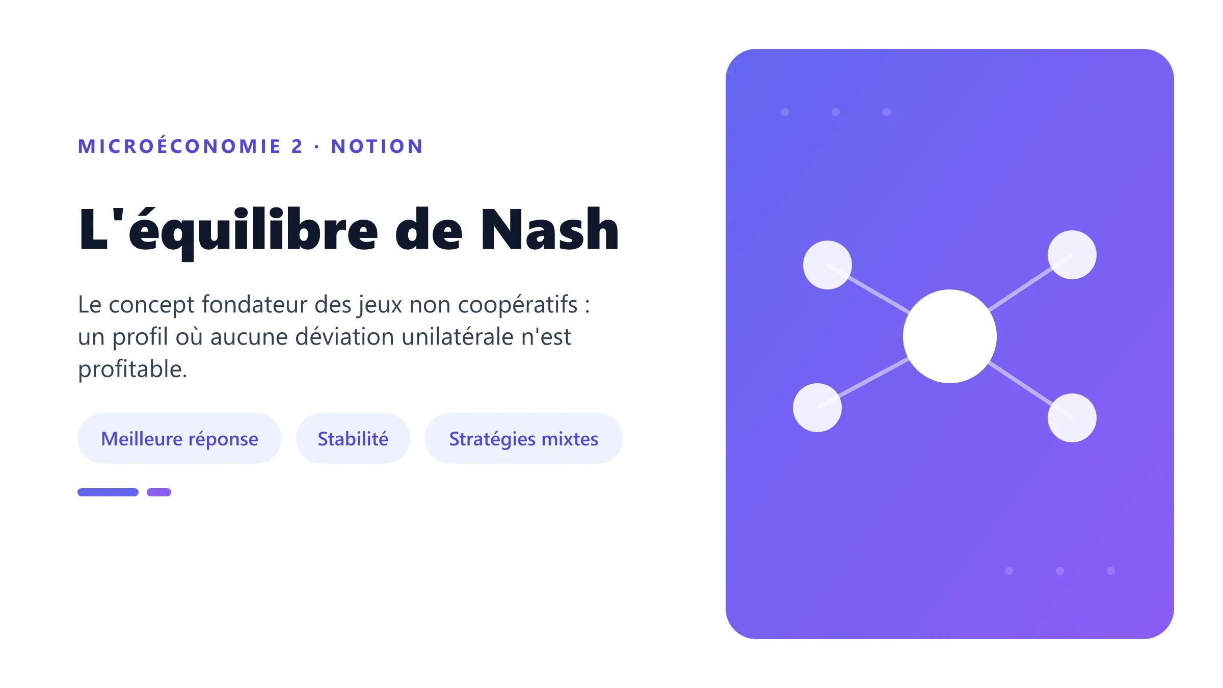 L'équilibre de Nash L'équilibre de Nash : profil de stratégies où chaque joueur joue sa meilleure réponse aux autres.