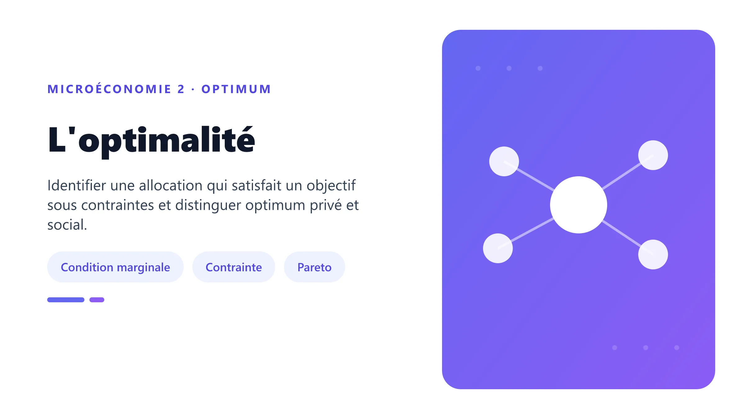L'optimalité Conditions d'optimalité microéconomique sous contrainte et distinction entre optimum privé et social.