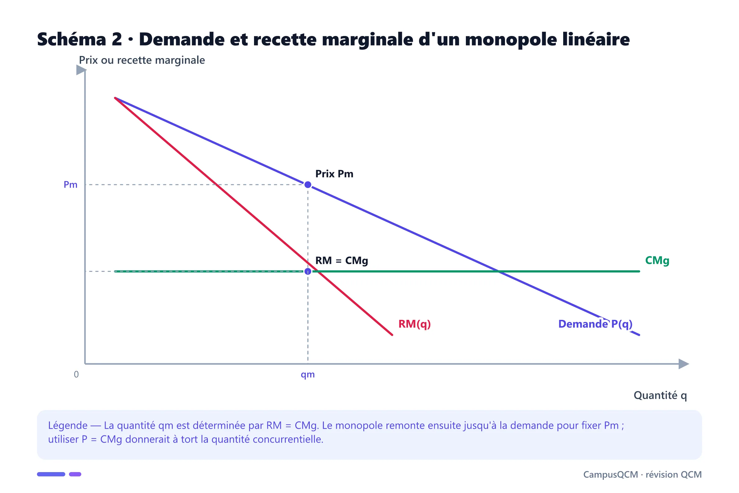 Courbe de demande, recette marginale plus pentue et coût marginal déterminant quantité et prix de monopole.
