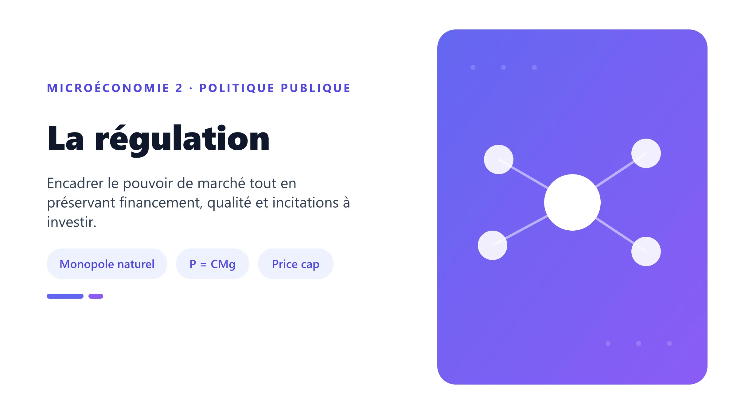 La régulation Instruments de régulation d'un monopole naturel et arbitrage entre efficacité, financement et incitations.