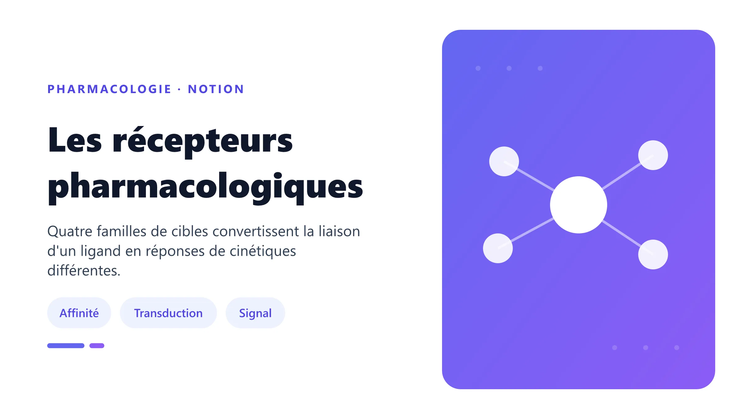 Les récepteurs pharmacologiques Récepteur pharmacologique liant un ligand et déclenchant une voie de signalisation cellulaire.