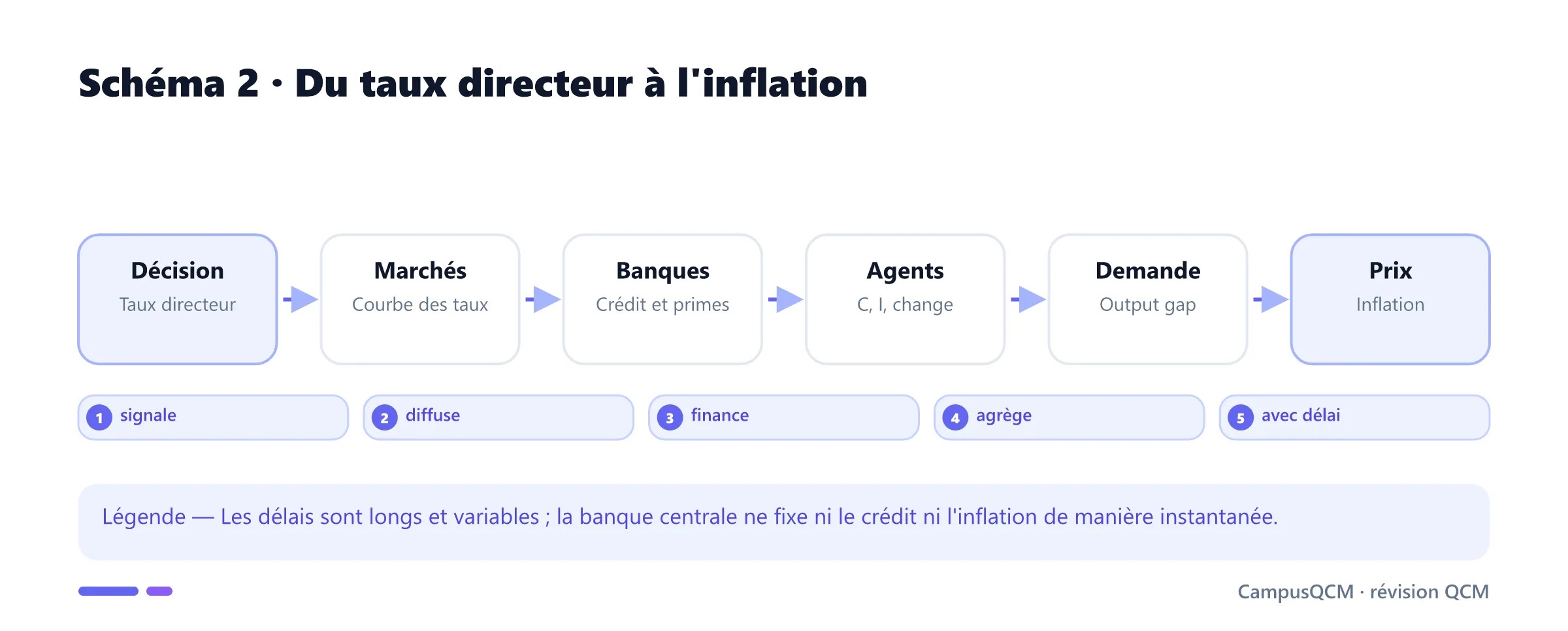 Chaîne de transmission du taux directeur de la banque centrale jusqu'à l'inflation.