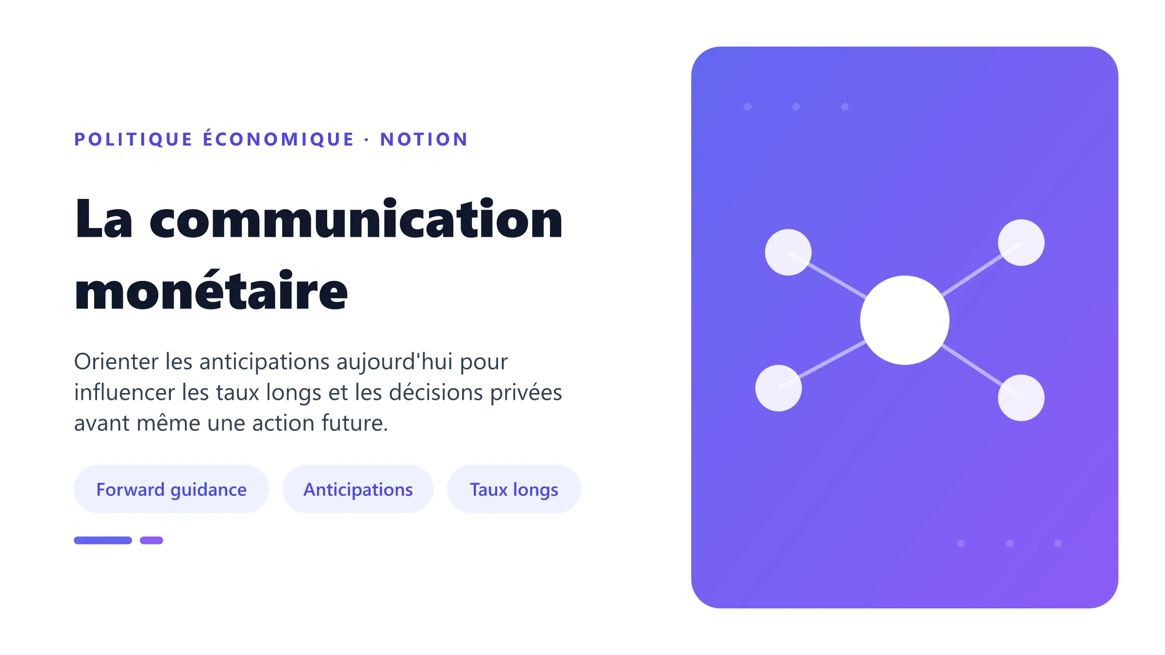 Communication de banque centrale orientant les anticipations, les taux longs et les décisions de consommation et d'investissement.
