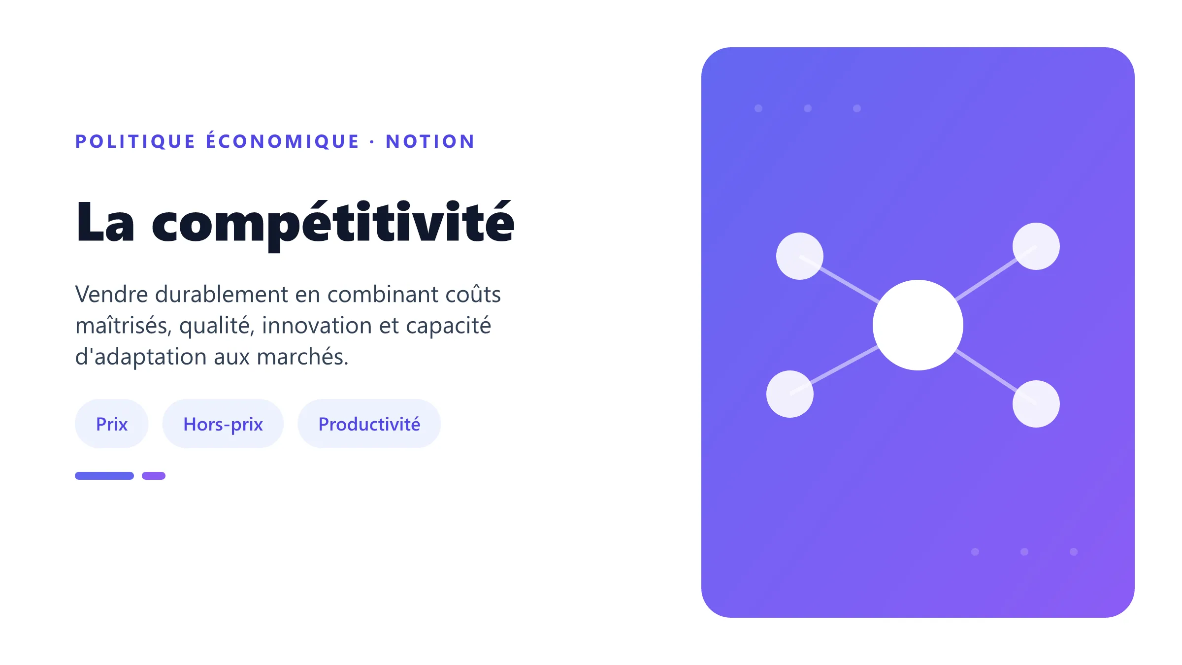 La compétitivité Compétitivité d'une économie fondée sur les prix, la qualité, l'innovation et la productivité.