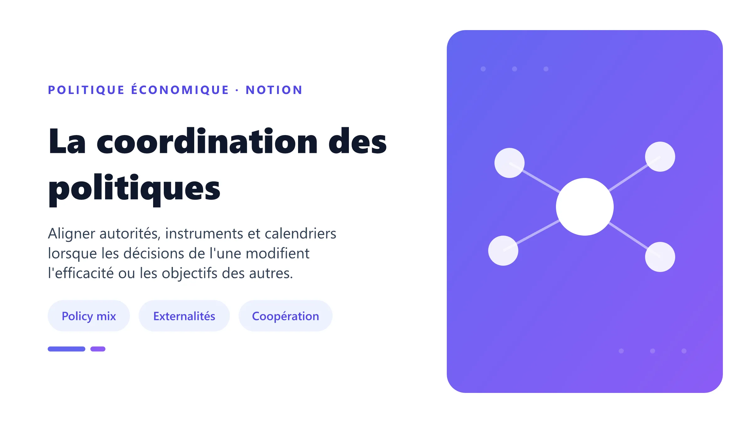 La coordination des politiques Coordination entre politique budgétaire, politique monétaire et politiques nationales face aux externalités.