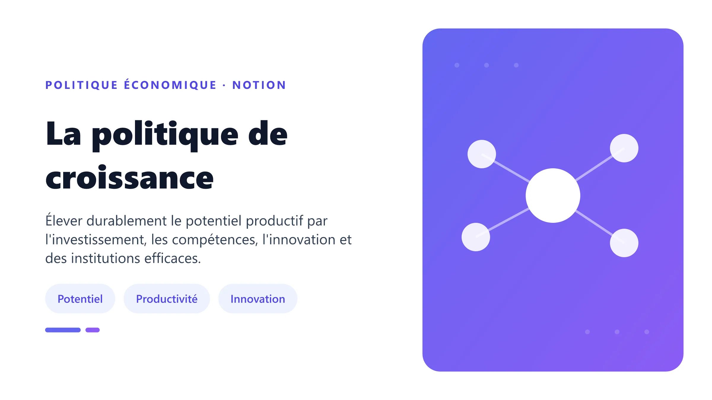 La politique de croissance Politique de croissance agissant sur capital, compétences, innovation et institutions pour relever le PIB potentiel.
