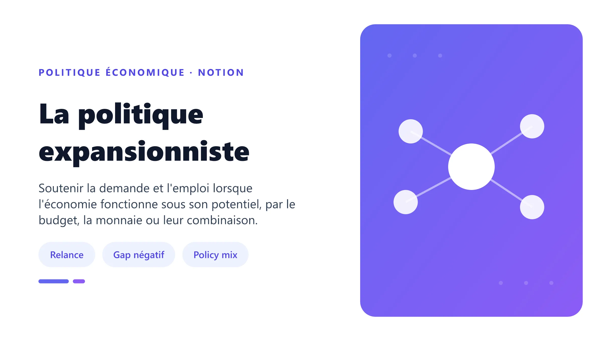 La politique expansionniste Politique expansionniste budgétaire et monétaire visant à réduire un output gap négatif.