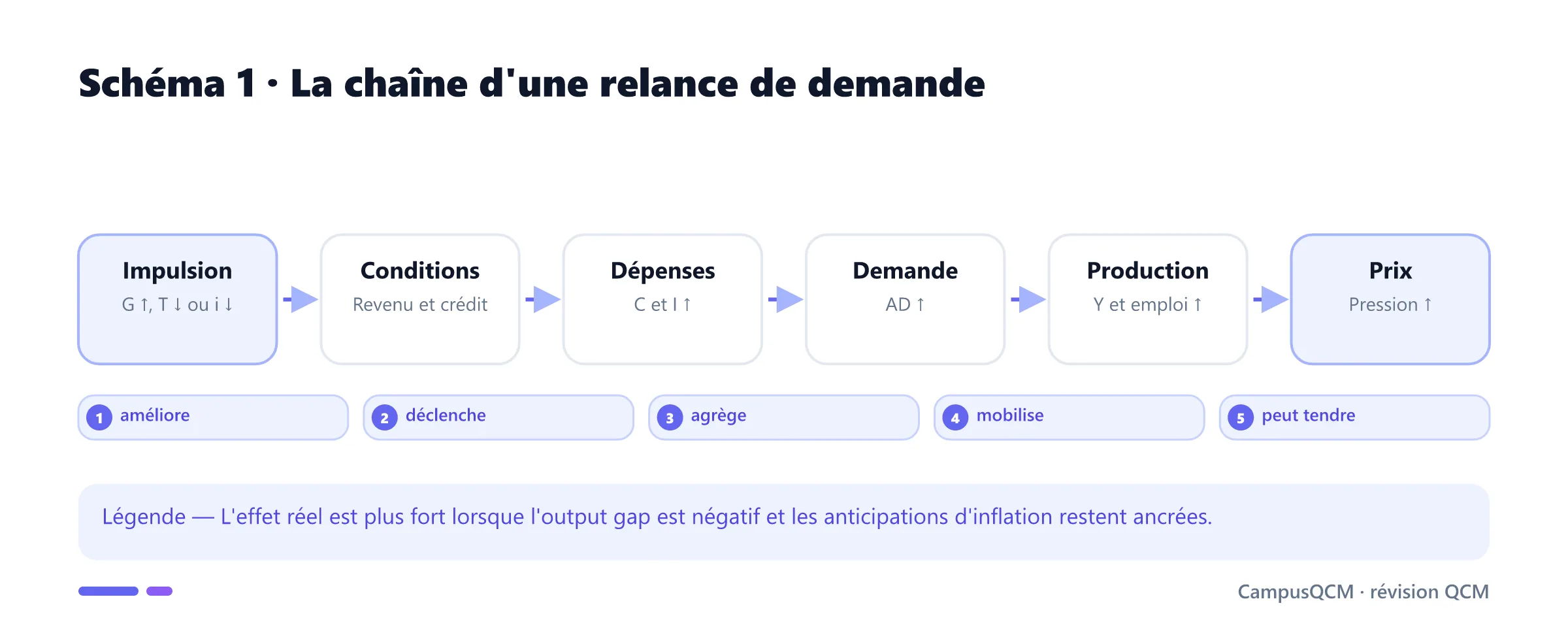 Chaîne de transmission d'une politique expansionniste jusqu'à l'activité, l'emploi et les prix.