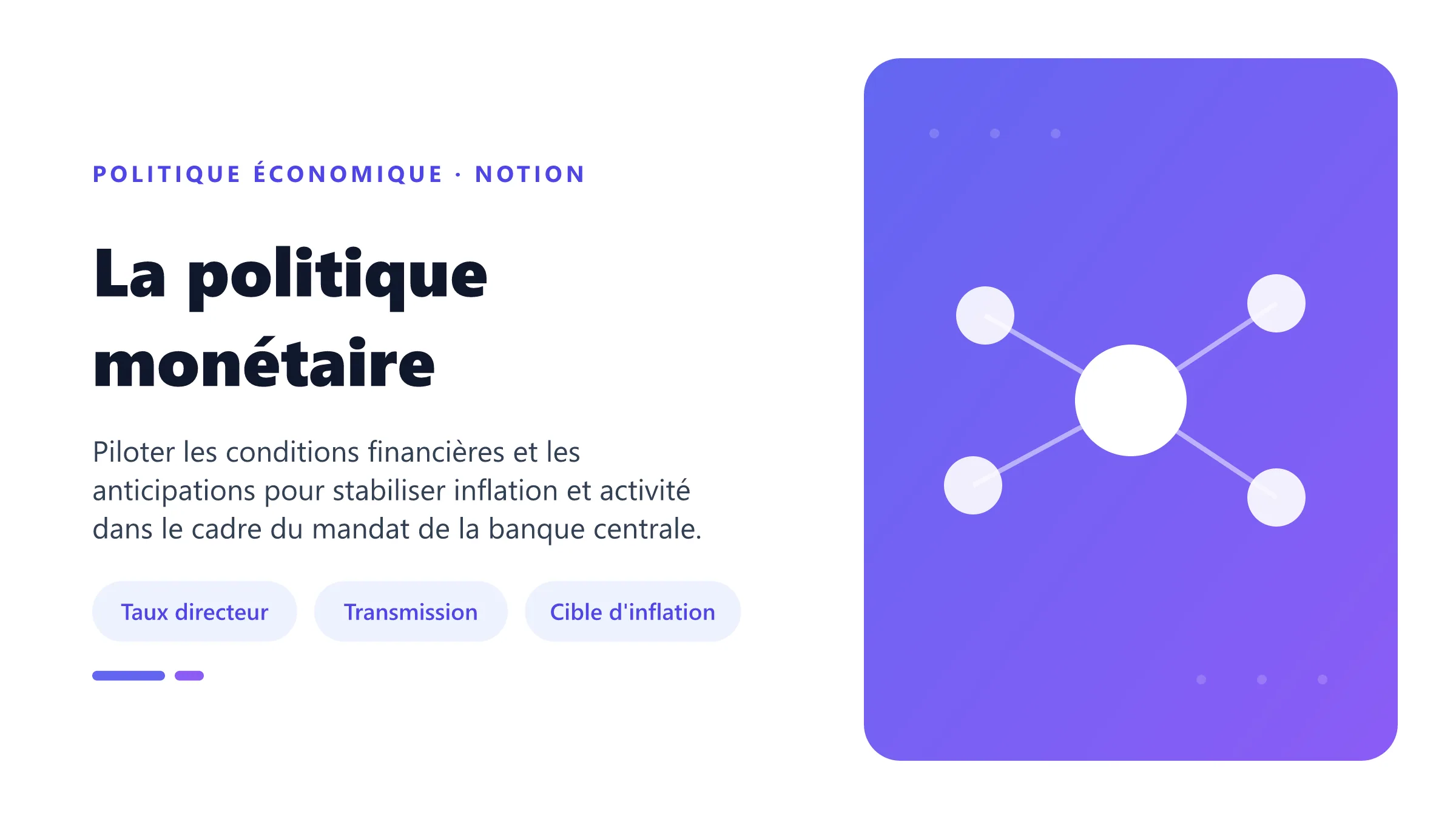 Politique monétaire utilisant taux directeurs, bilan et communication pour stabiliser inflation et activité.