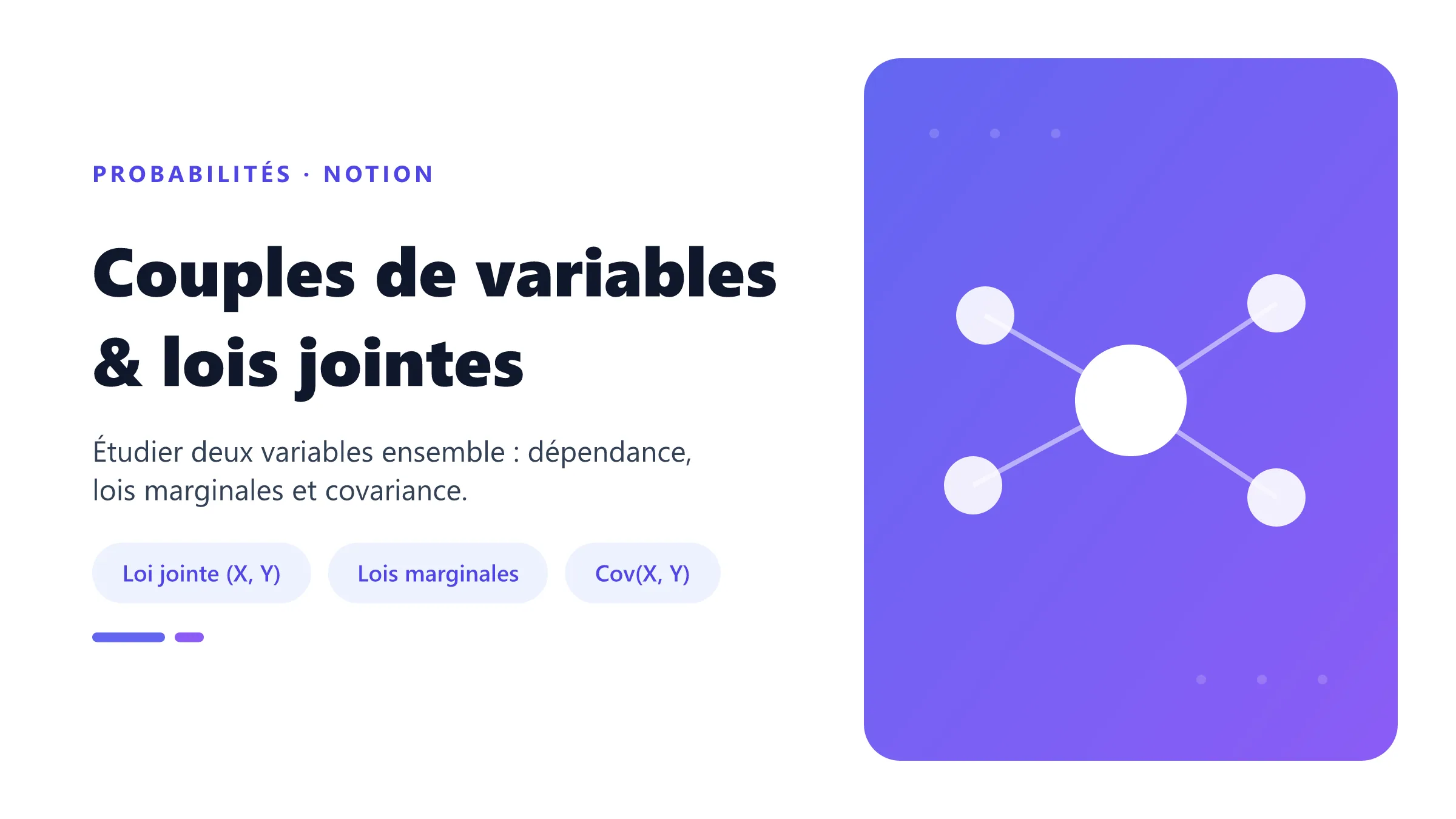Couples de variables et lois jointes : loi jointe, lois marginales, indépendance et covariance.