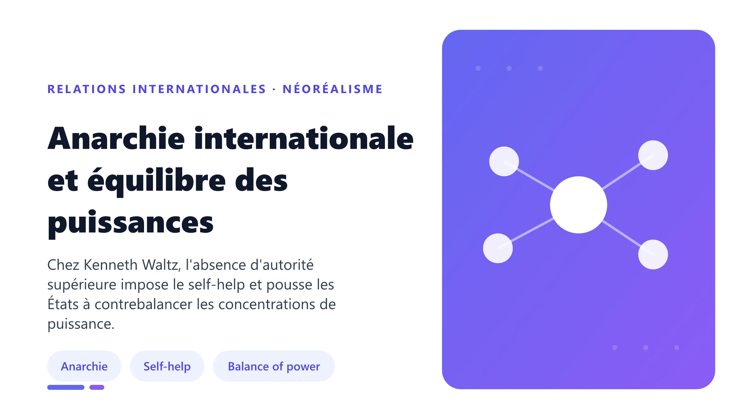 Anarchie internationale et équilibre des puissances Anarchie internationale selon Waltz reliant self-help, distribution des capacités et équilibre des puissances.