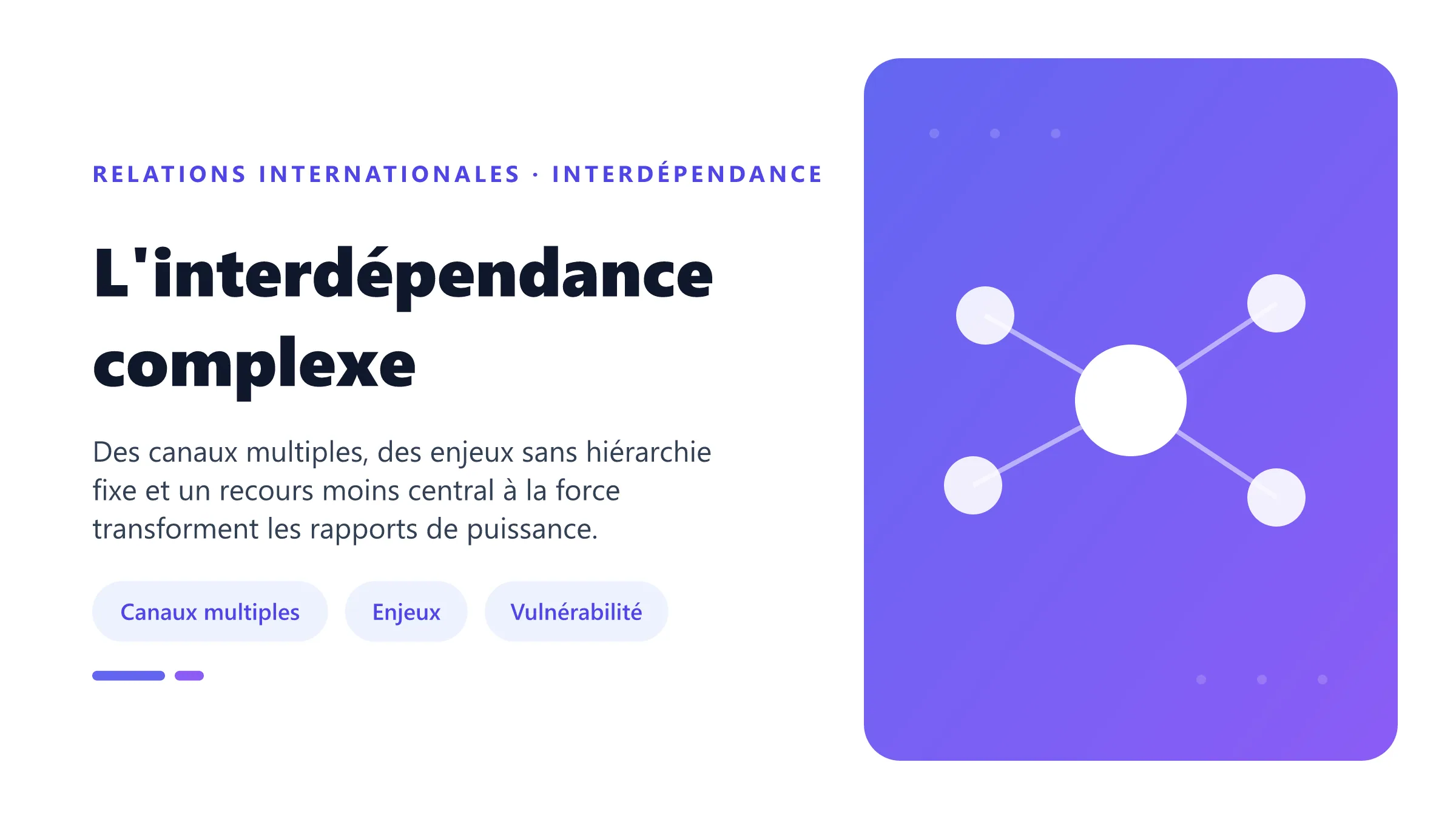L'interdépendance complexe Interdépendance complexe de Keohane et Nye : canaux multiples, enjeux variés et asymétries de vulnérabilité.