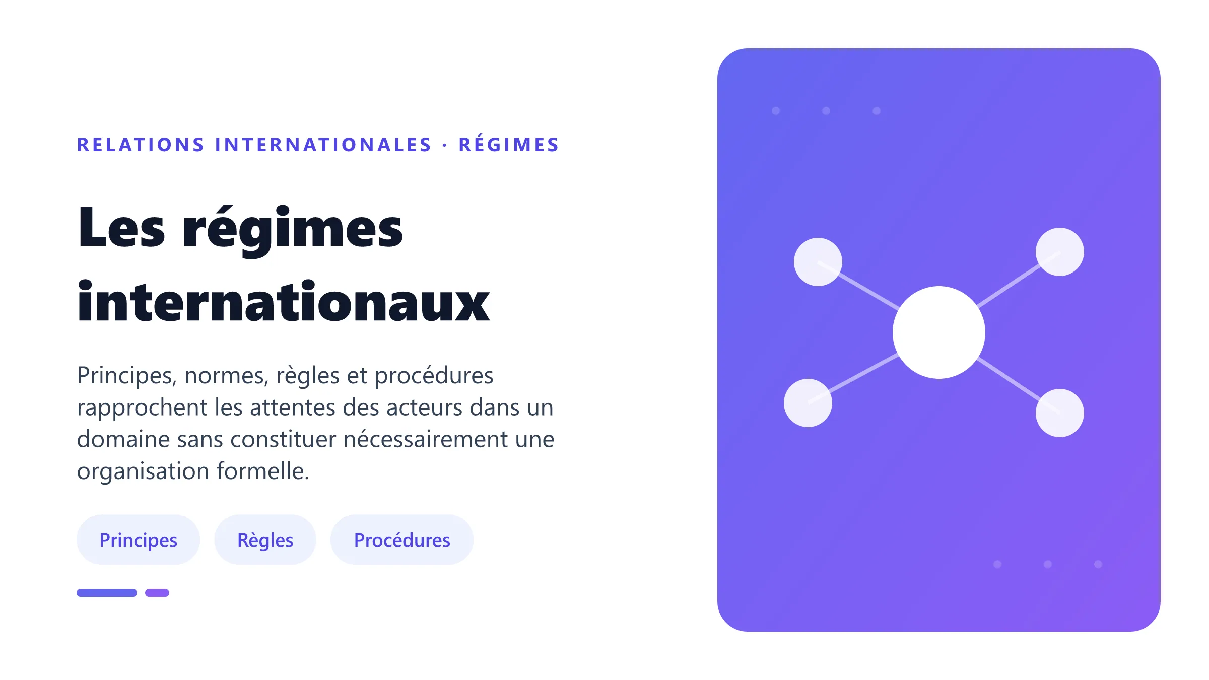 Les régimes internationaux Régime international selon Krasner réunissant principes, normes, règles et procédures de décision.