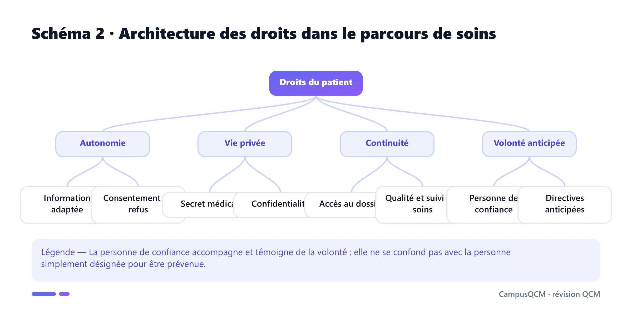Arbre des droits du patient : autonomie, vie privée, continuité des soins et expression anticipée de la volonté.