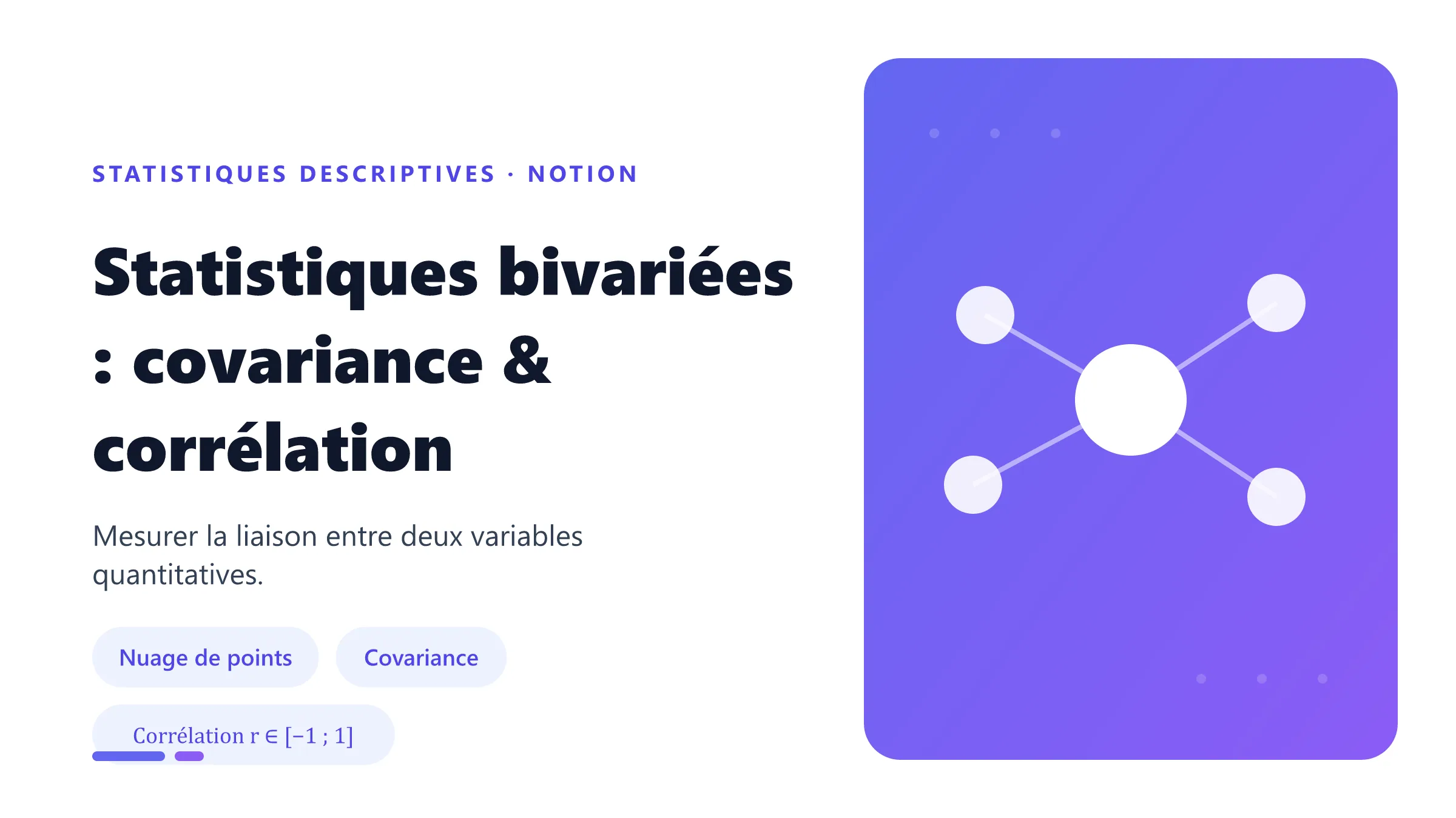 Statistiques bivariées : covariance & corrélation Statistiques bivariées : nuage de points, covariance et coefficient de corrélation mesurent la liaison entre deux variables.