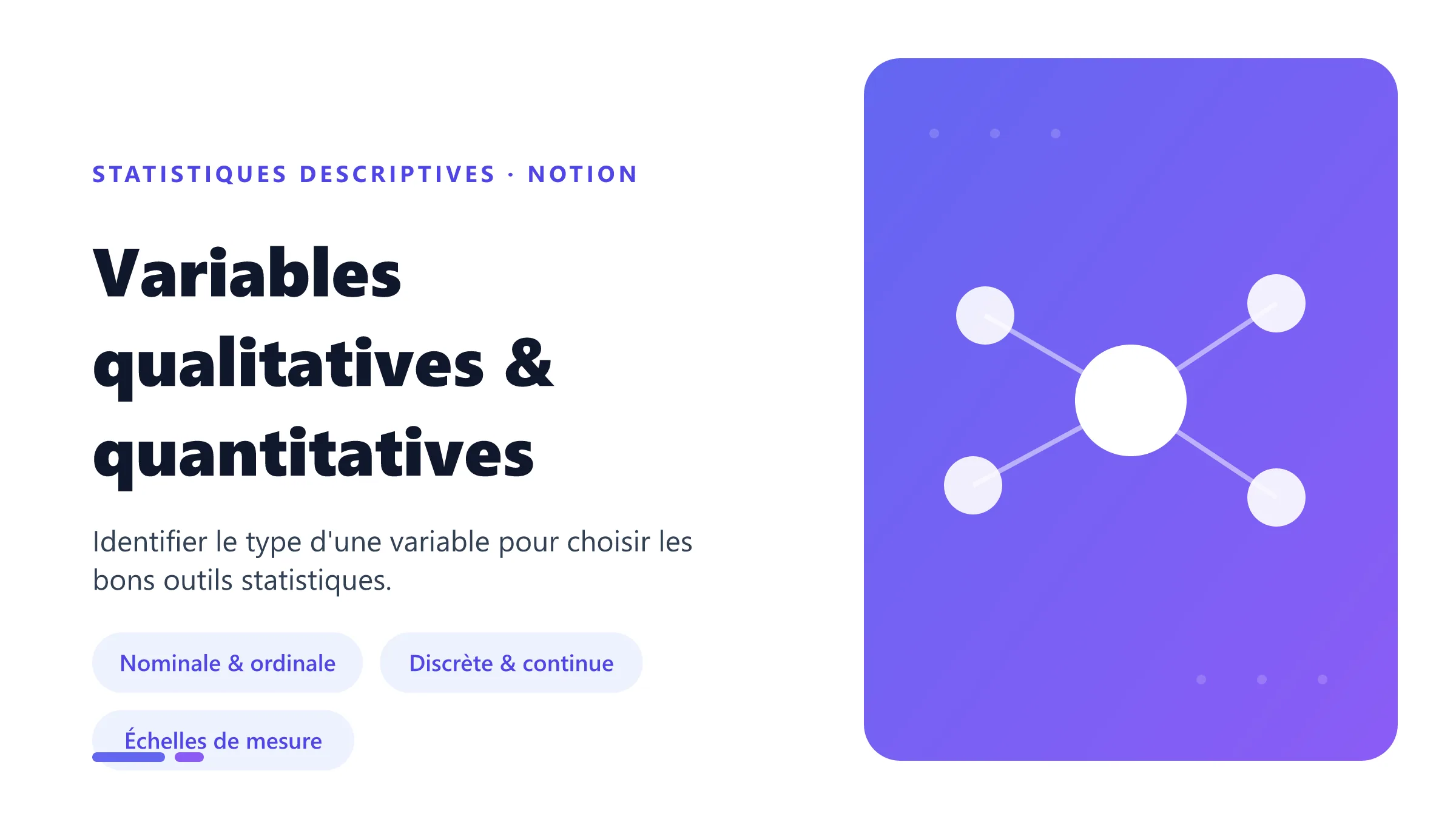 Variables qualitatives et quantitatives : échelles nominale, ordinale, discrète et continue conditionnent les outils statistiques.
