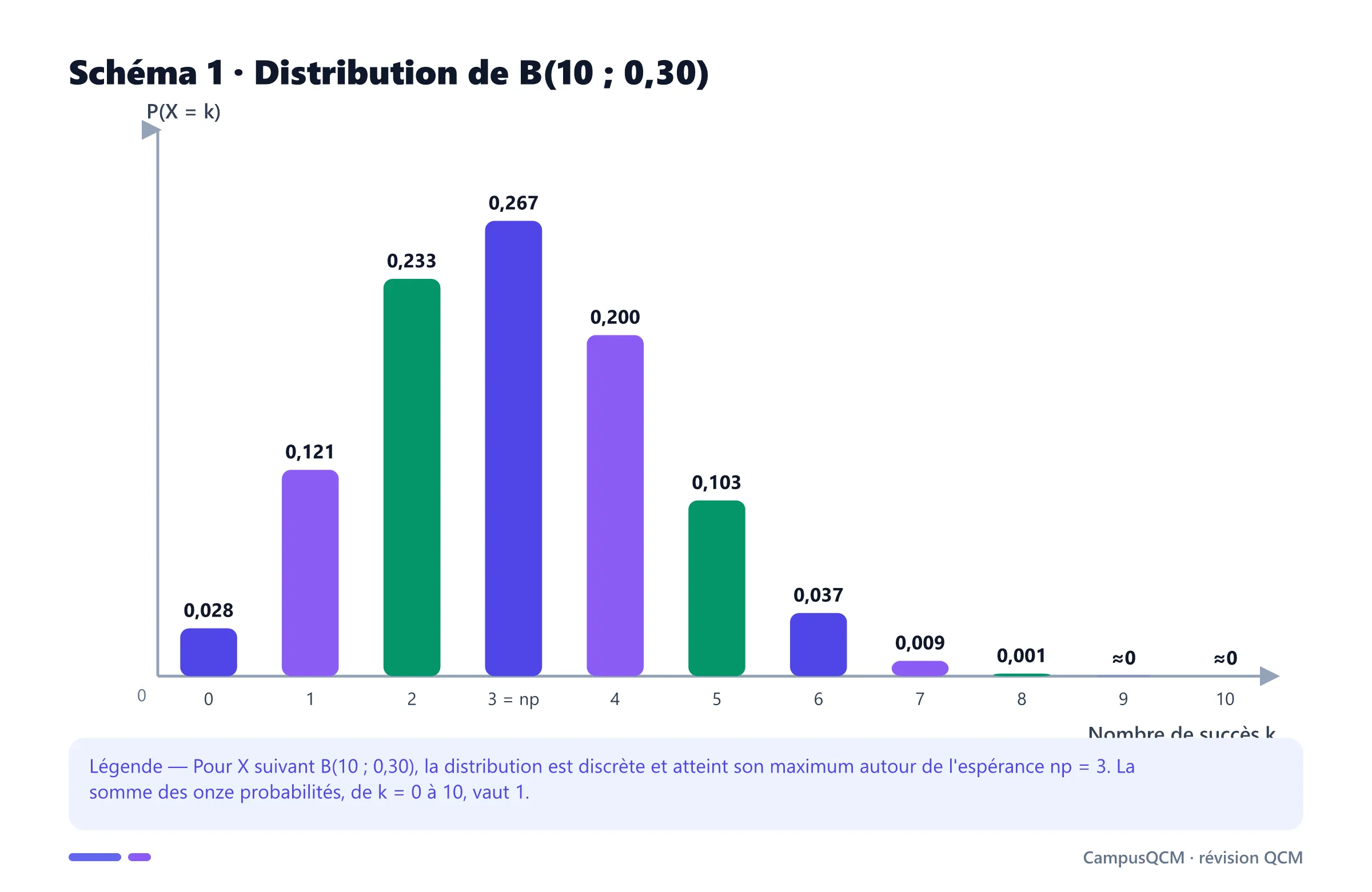 Diagramme en bâtons complet de la loi binomiale B de paramètres 10 et 0,30, centré autour de trois succès.