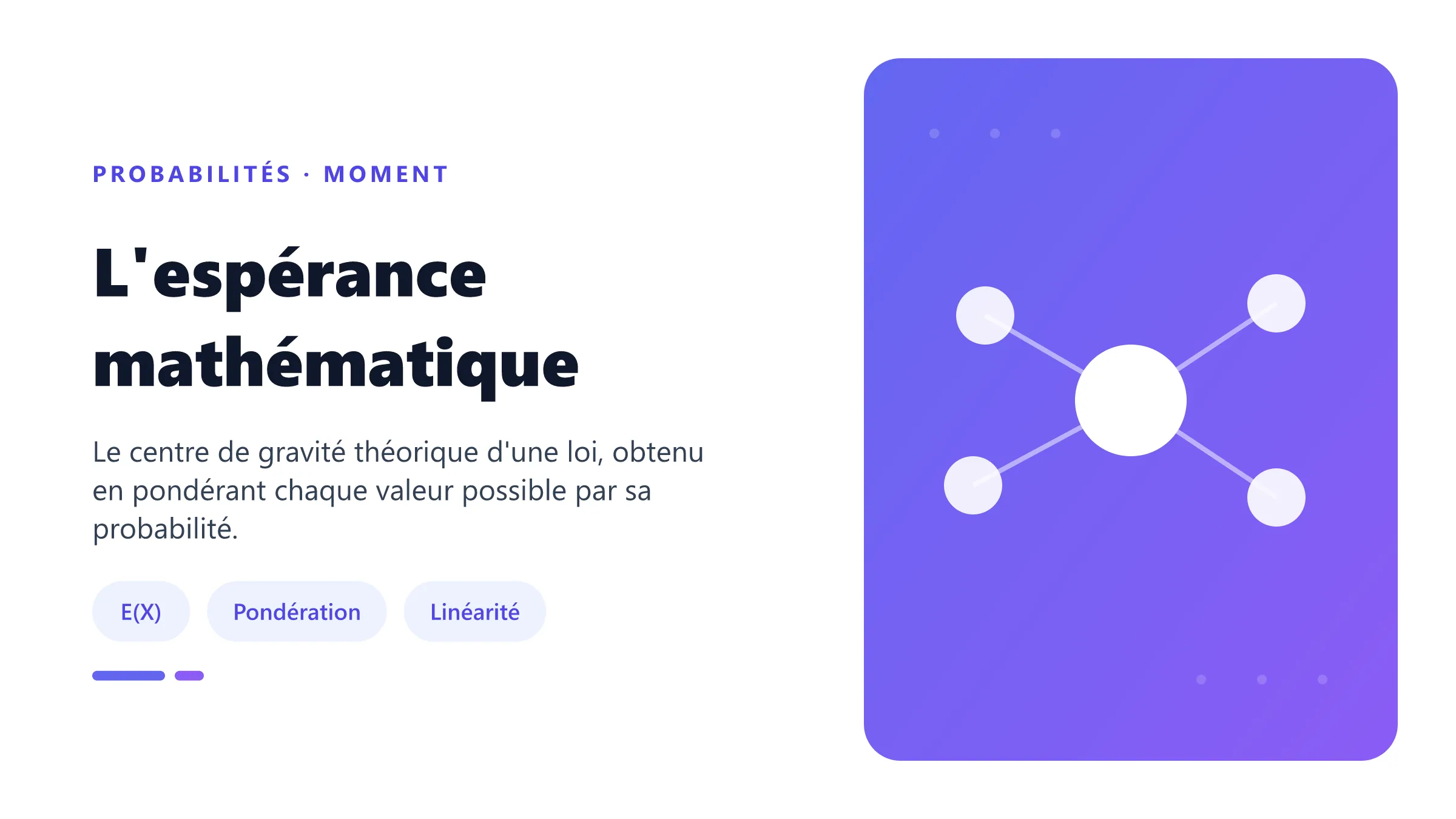L'espérance mathématique Valeurs d'une variable aléatoire pondérées par leurs probabilités pour calculer l'espérance.