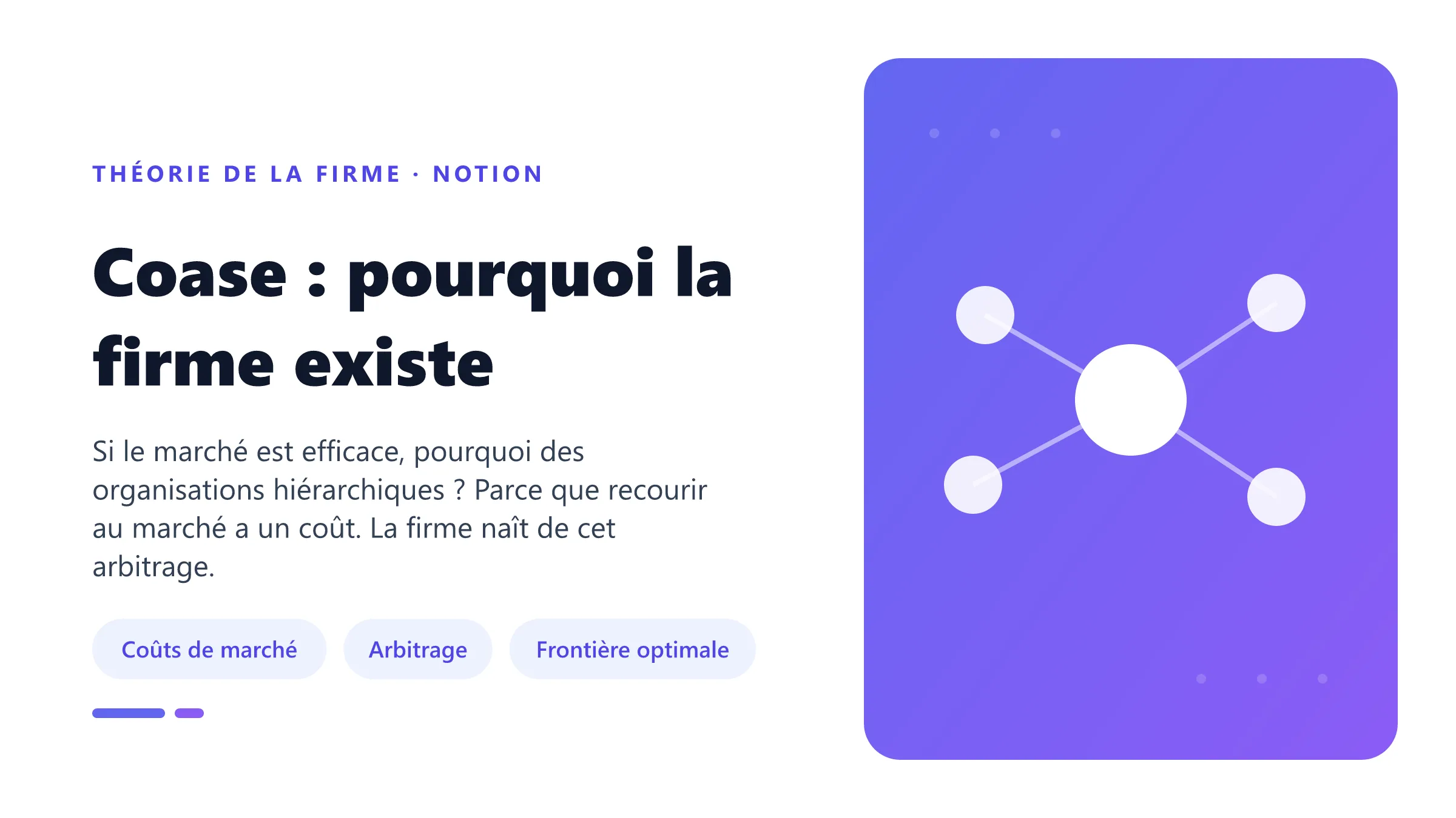 Coase : pourquoi la firme existe Coase et la nature de la firme : la firme existe car le recours au marché engendre des coûts de transaction.