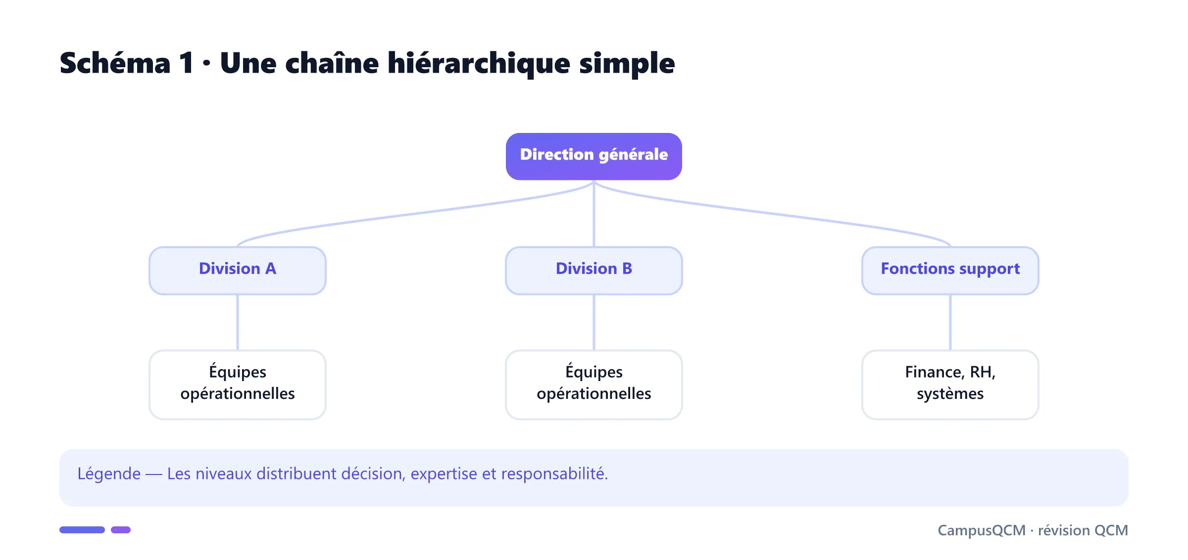 Arbre hiérarchique de direction, divisions et équipes.
