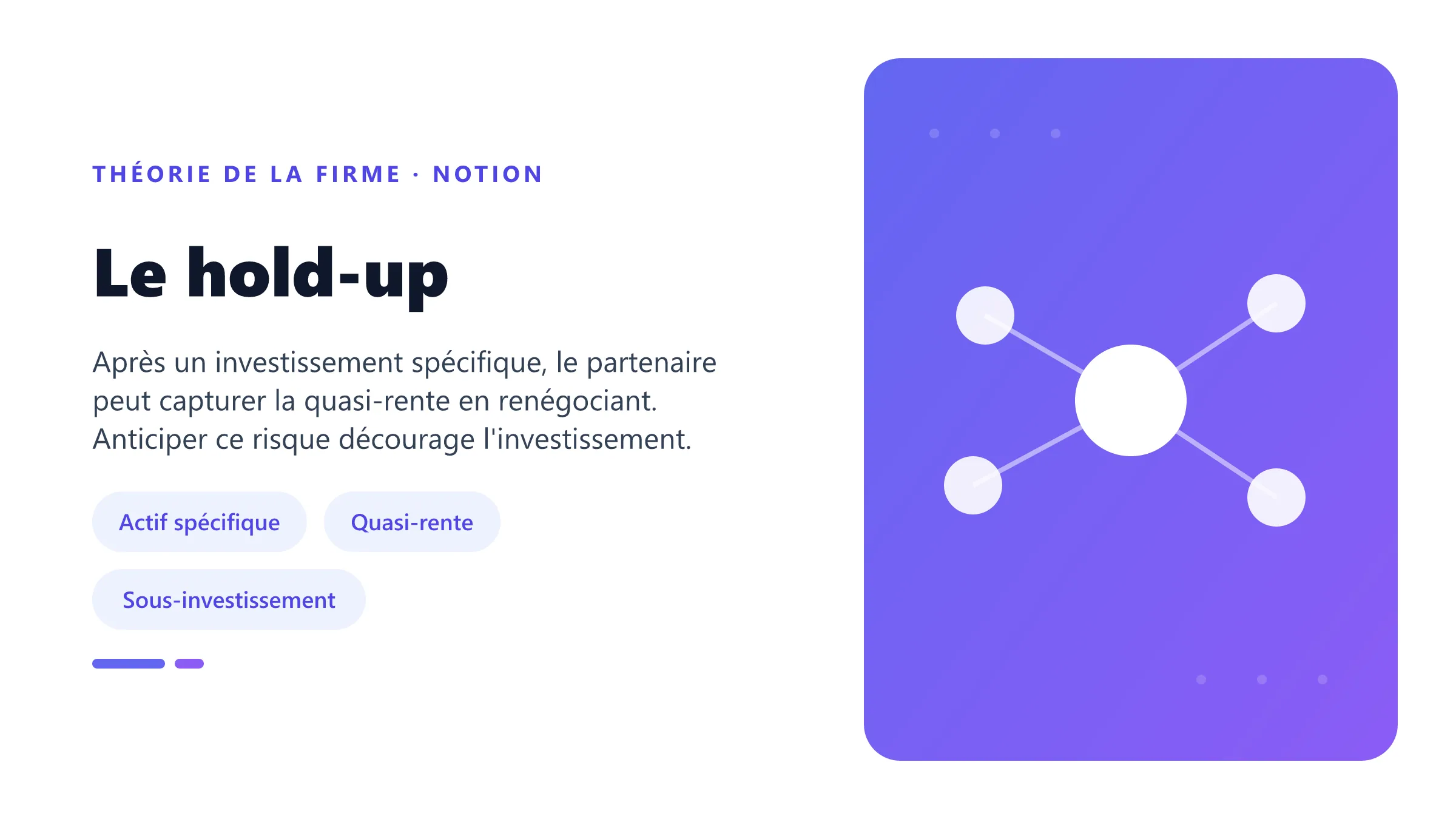 Le hold-up Le hold-up : risque de captation de la quasi-rente par renégociation opportuniste après un investissement spécifique.