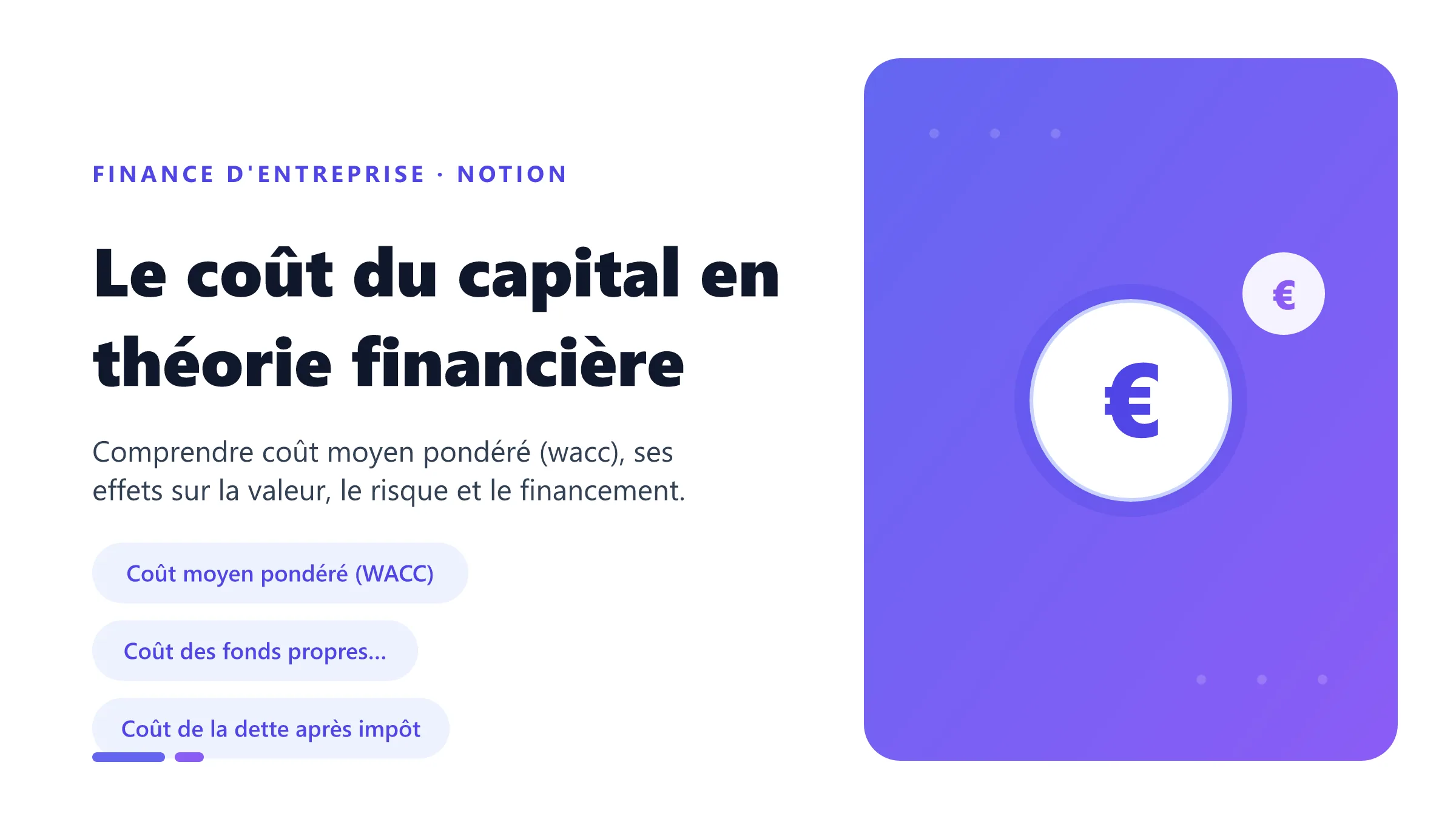 Le coût du capital en théorie financière Visuel pédagogique sur coût du capital en théorie financière : concepts, mécanismes et décision financière.