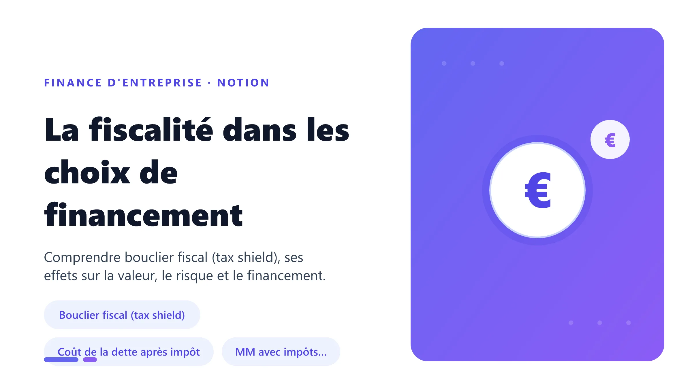 Visuel pédagogique sur fiscalité dans les choix de financement : concepts, mécanismes et décision financière.
