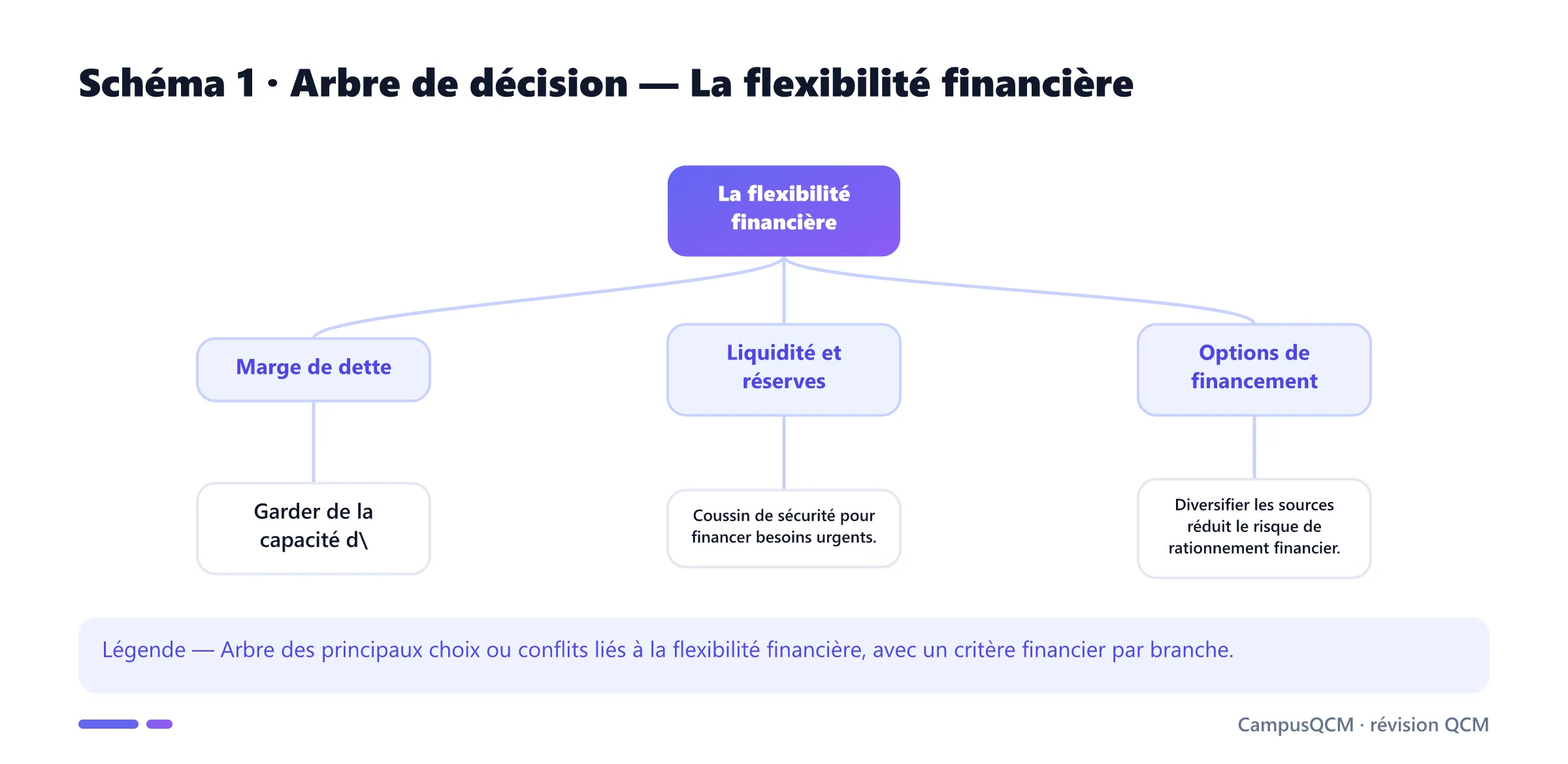 Carte conceptuelle de flexibilité financière présentant Marge de dette, Liquidité et réserves, Options de financement.