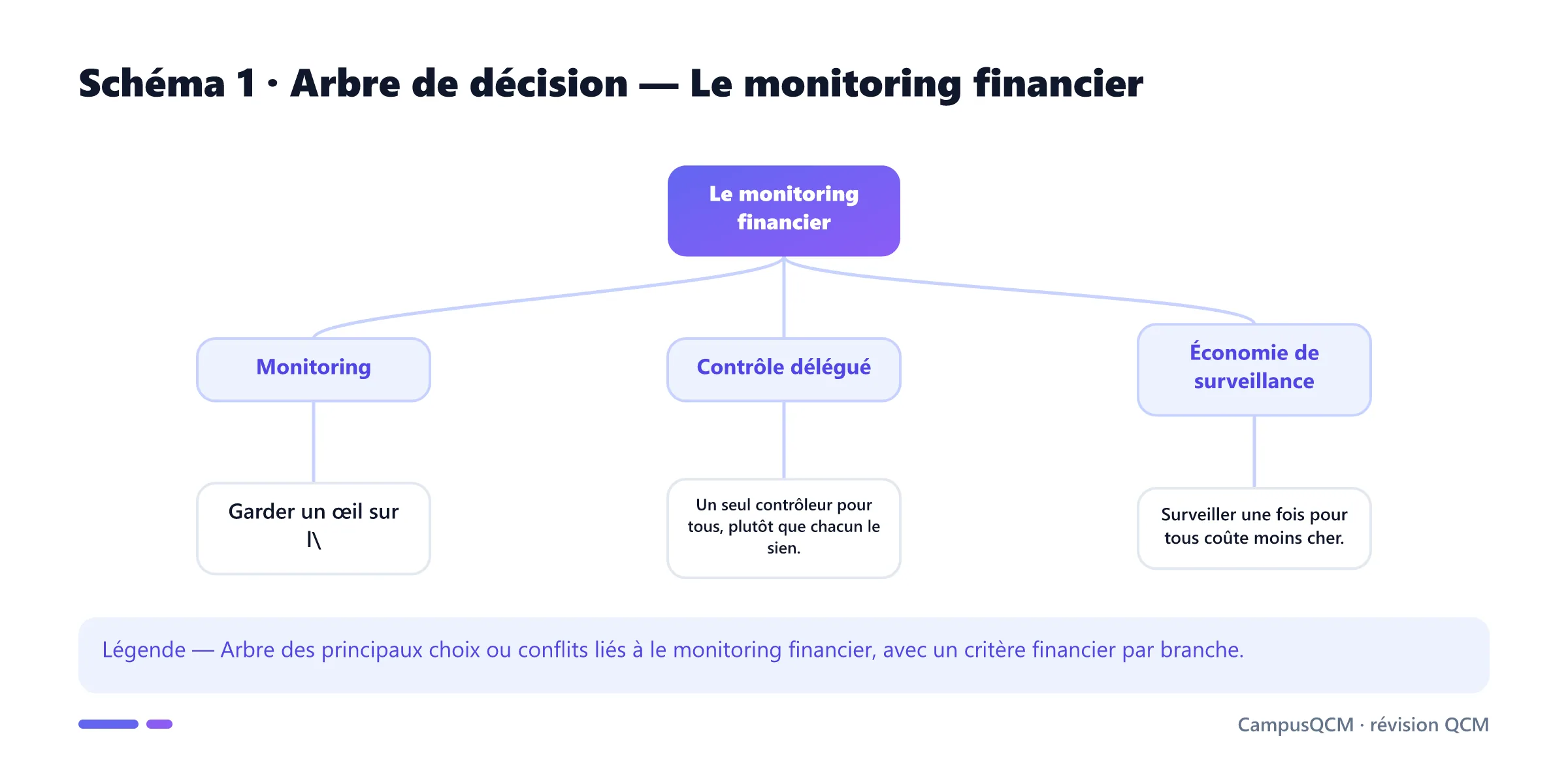 Carte conceptuelle de monitoring financier présentant Monitoring, Contrôle délégué, Économie de surveillance, Aléa moral.