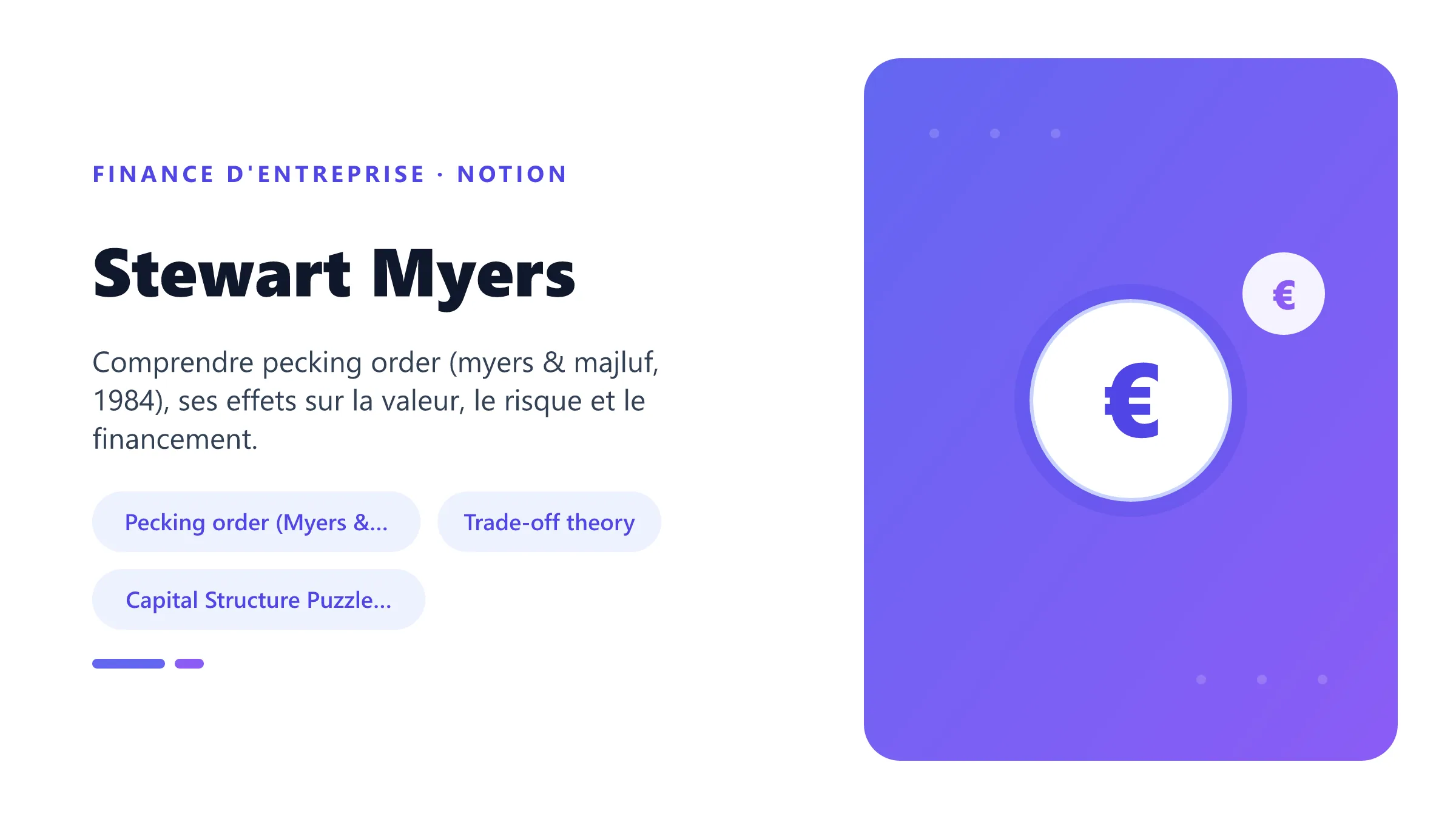 Visuel pédagogique sur stewart myers : concepts, mécanismes et décision financière.
