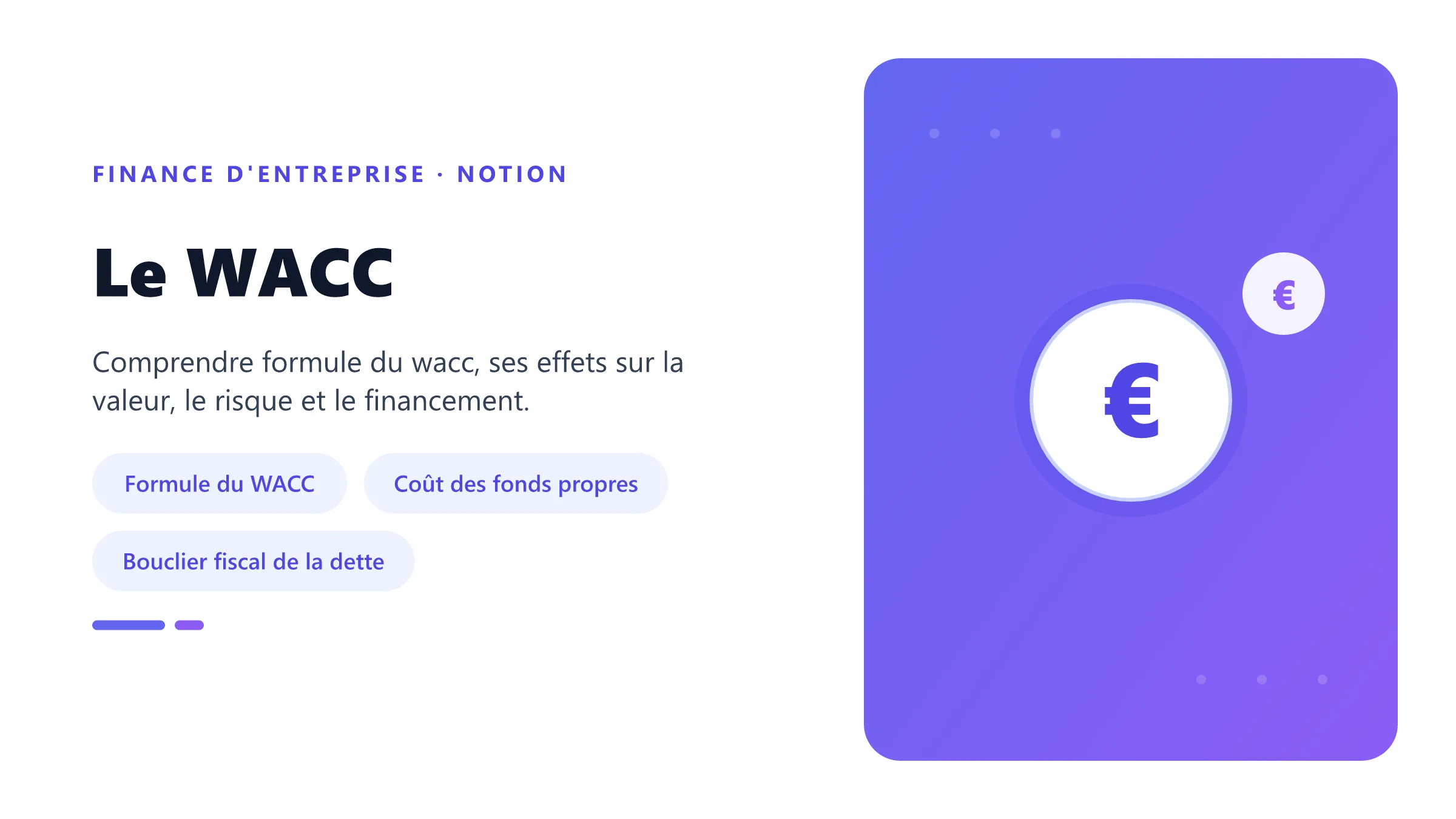 Le WACC Visuel pédagogique sur le WACC : pondération des sources de financement, coût des fonds propres et bouclier fiscal de la dette.